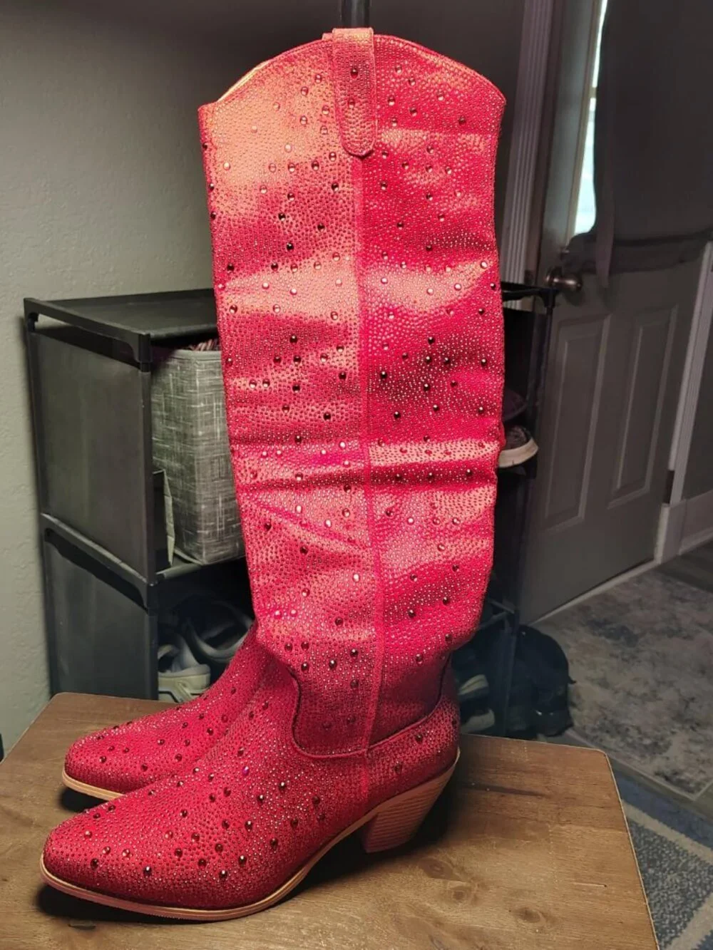 Women's  Red Over Knee Pointed Toe Sparkly Chunky Heel Thigh High Boots